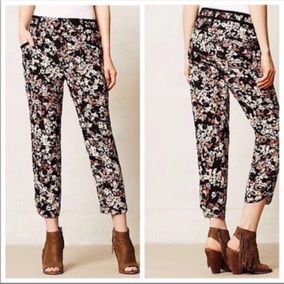 Anthropologie Cartonnier Black Floral Print Pull On Cropped Ankle Pants Size 8 - Picture 1 of 7